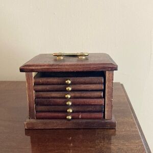 Vintage Mid-Century Modern 70’s Wooden Cork Coaster Set Metal Handle